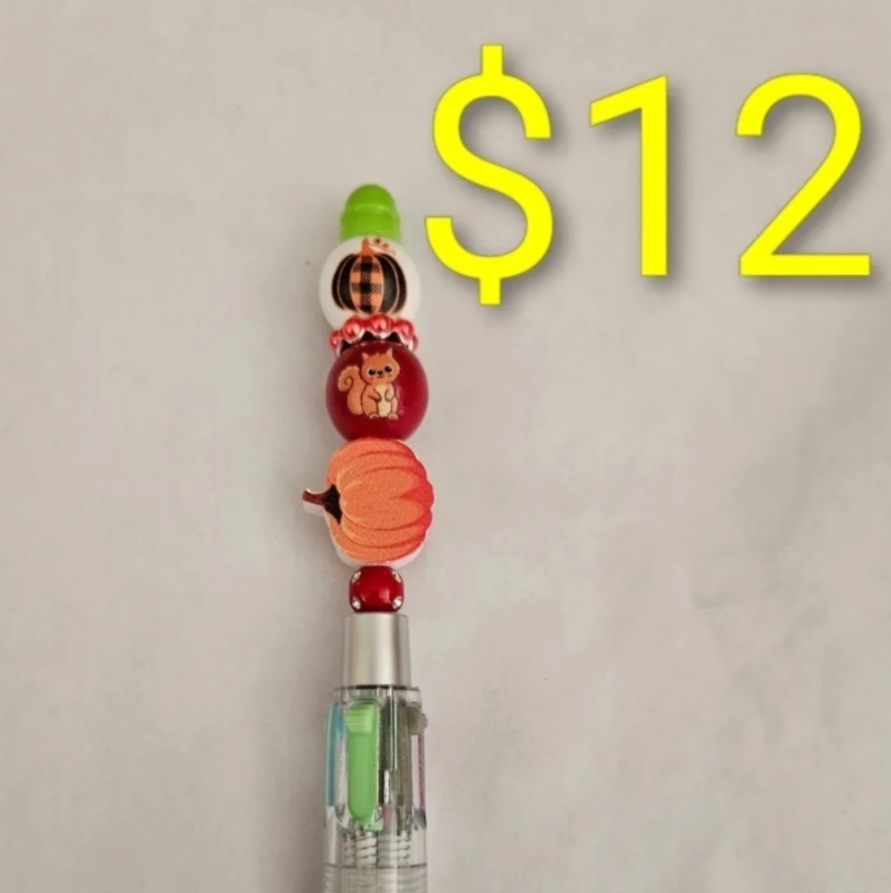Colorful Beaded Pen with Pumpkin and Squrriel Design Beads With Multi Color Inks